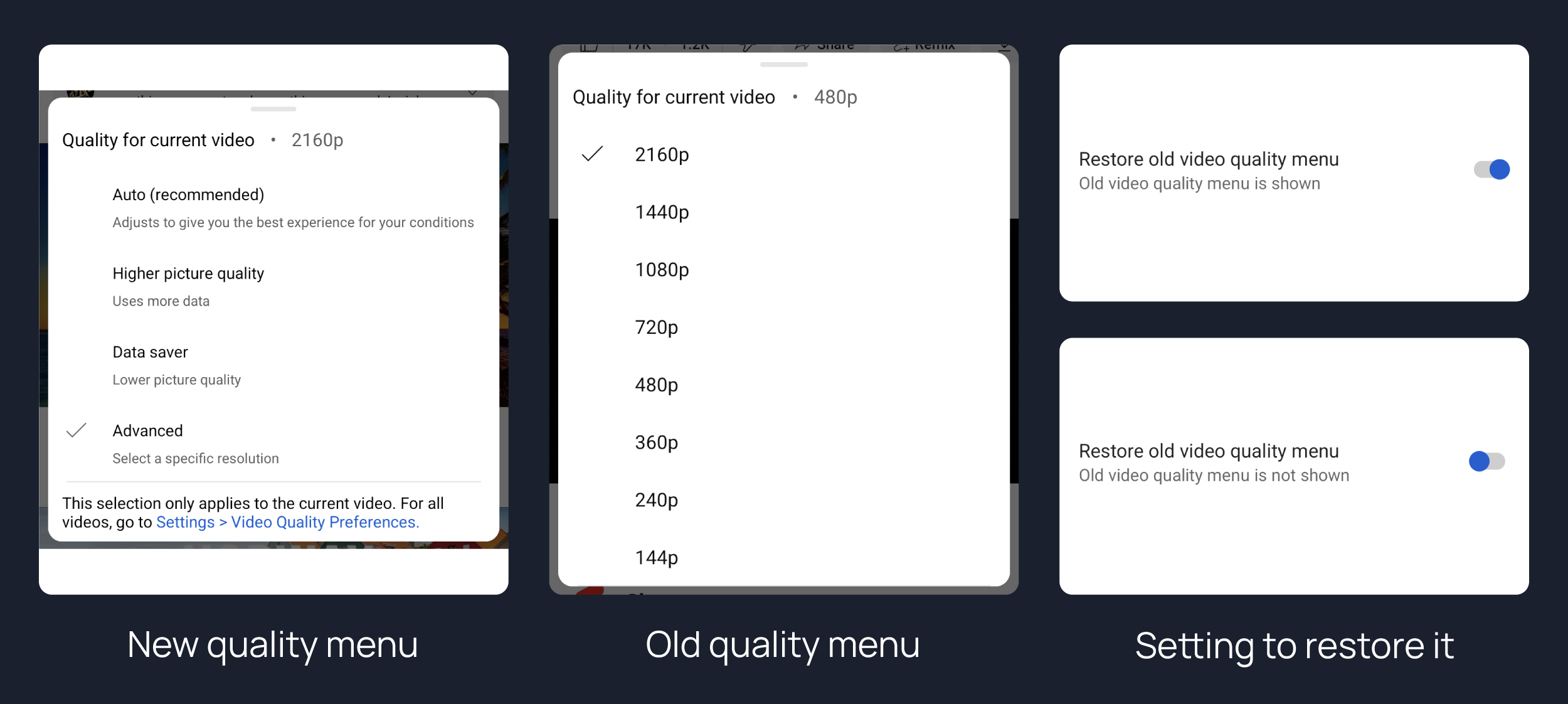 Old quality menu